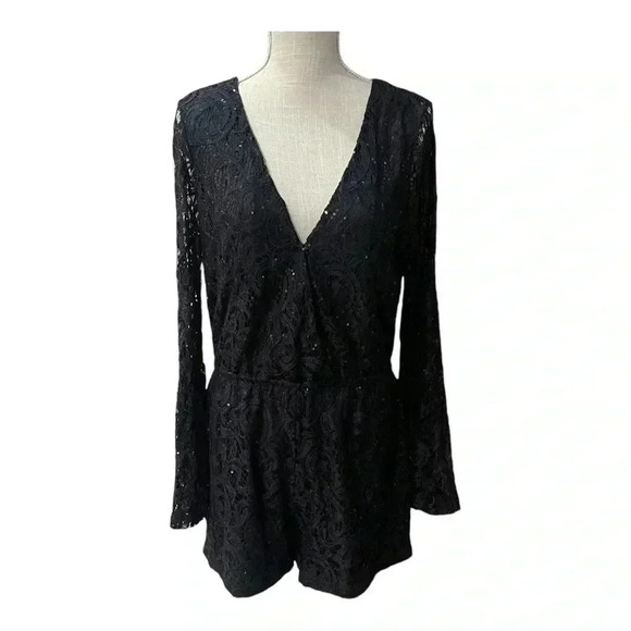 Venus Black Sequin Lace Open Back Bell Long Sleeves Romper Elastic Waist Size L - Picture 1 of 16